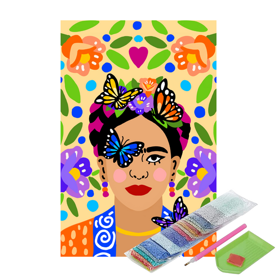 Pinta con diamantes Frida entre mariposas 25x35cm